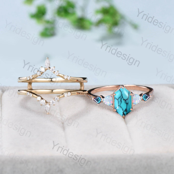 Vintage 5X9mm long hexagon turquoise engagement ring set unique triangle fire opal kite alexandrite wedding ring set double curved v band - PENFINE