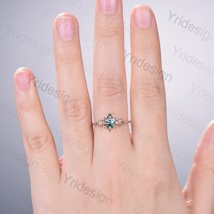 Vintage Crescent Moon Moss Agate Engagement Ring Unique Nature Inspired Floral Green Agate Cluster Emerald Wedding Ring Anniversary gift - PENFINE
