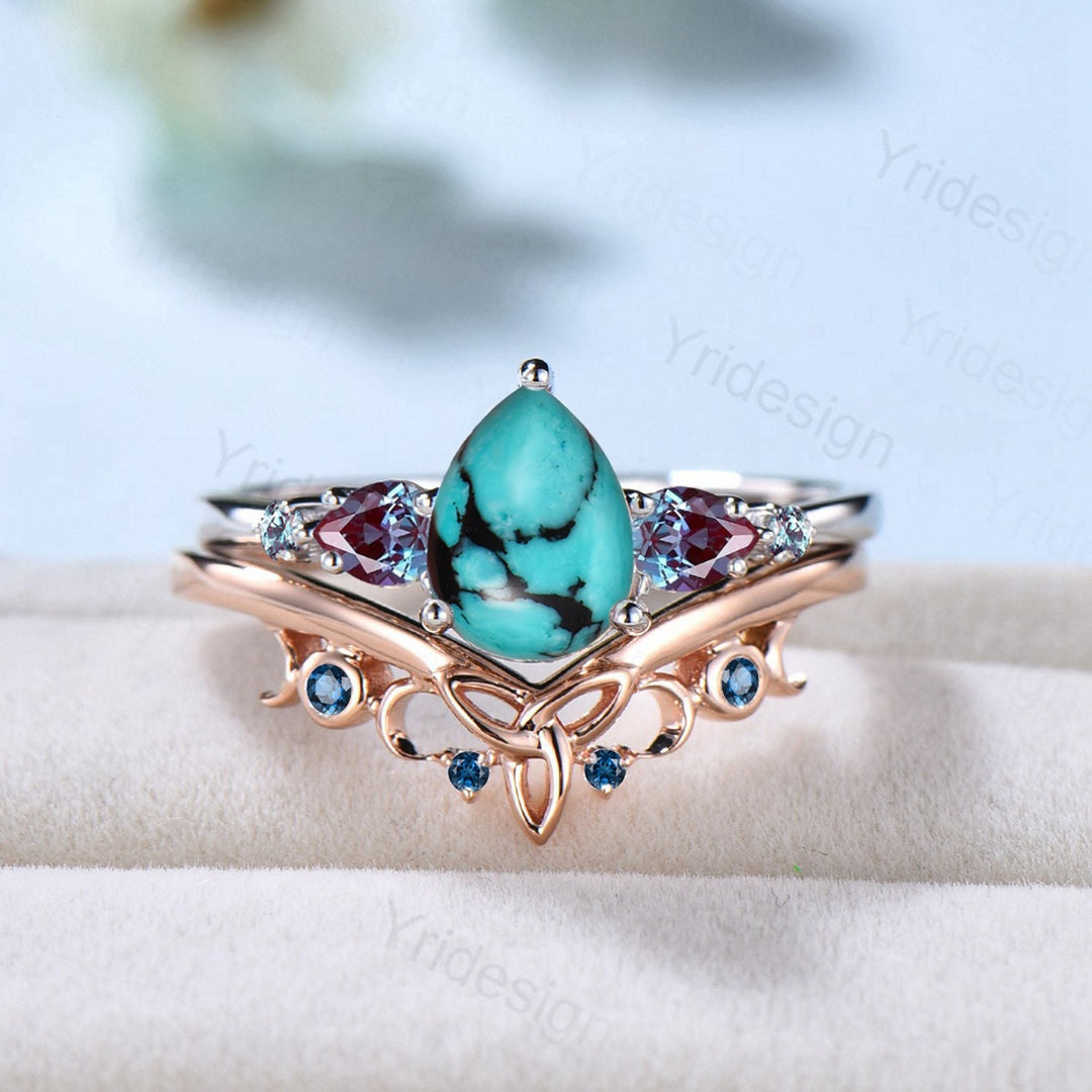 Vintage pear shaped turquoise engagement ring set five stone unique alexandrite wedding ring set Celtic Knot London Blue Topaz Stacking Band - PENFINE