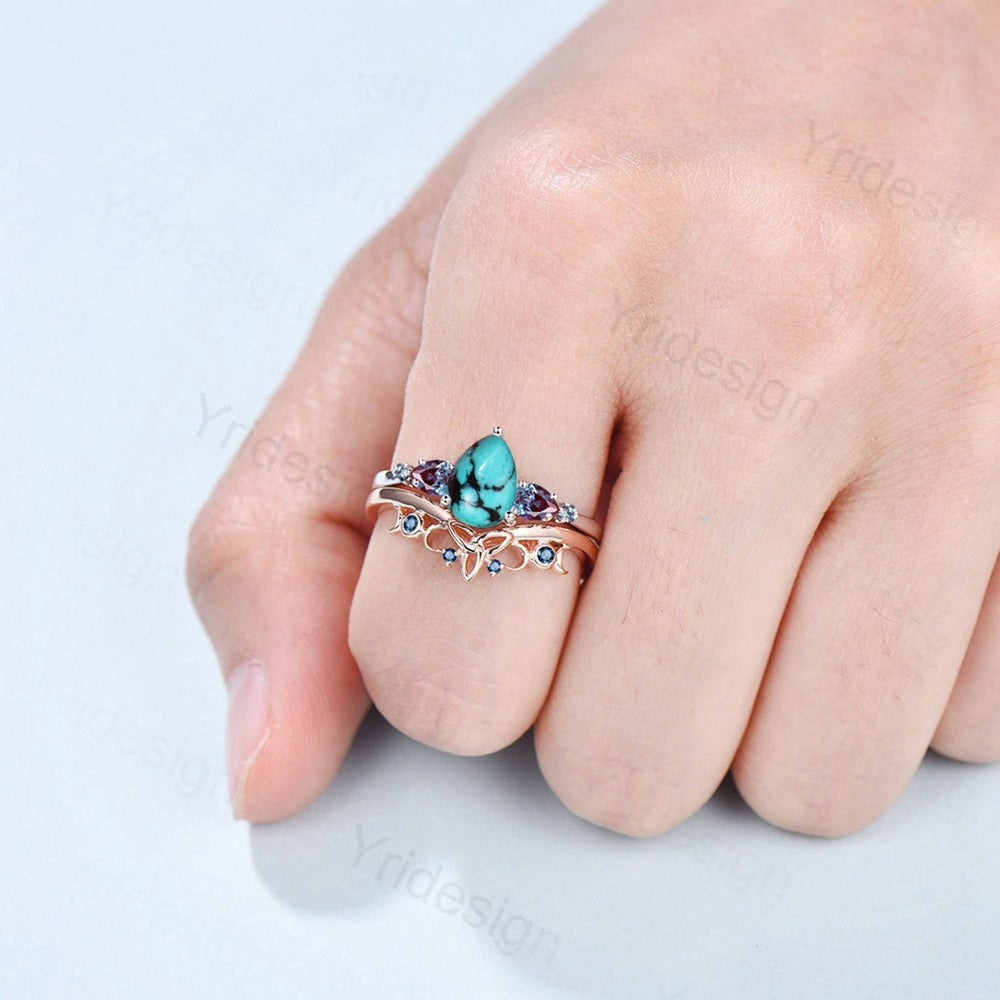 Vintage pear shaped turquoise engagement ring set five stone unique alexandrite wedding ring set Celtic Knot London Blue Topaz Stacking Band - PENFINE