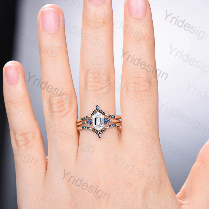 Vintage long hexagon moissanite engagement ring set unique triangle alexandrite wedding ring set double curved v stacking black spinel band - PENFINE