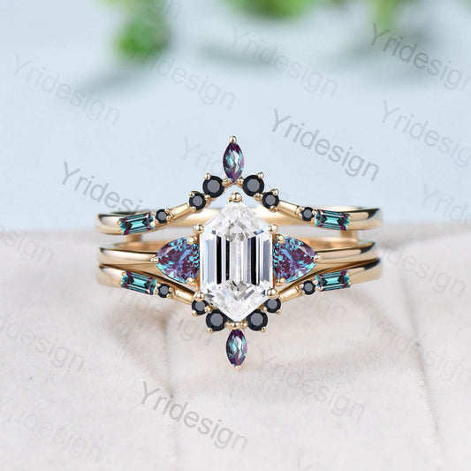 Vintage long hexagon moissanite engagement ring set unique triangle alexandrite wedding ring set double curved v stacking black spinel band - PENFINE