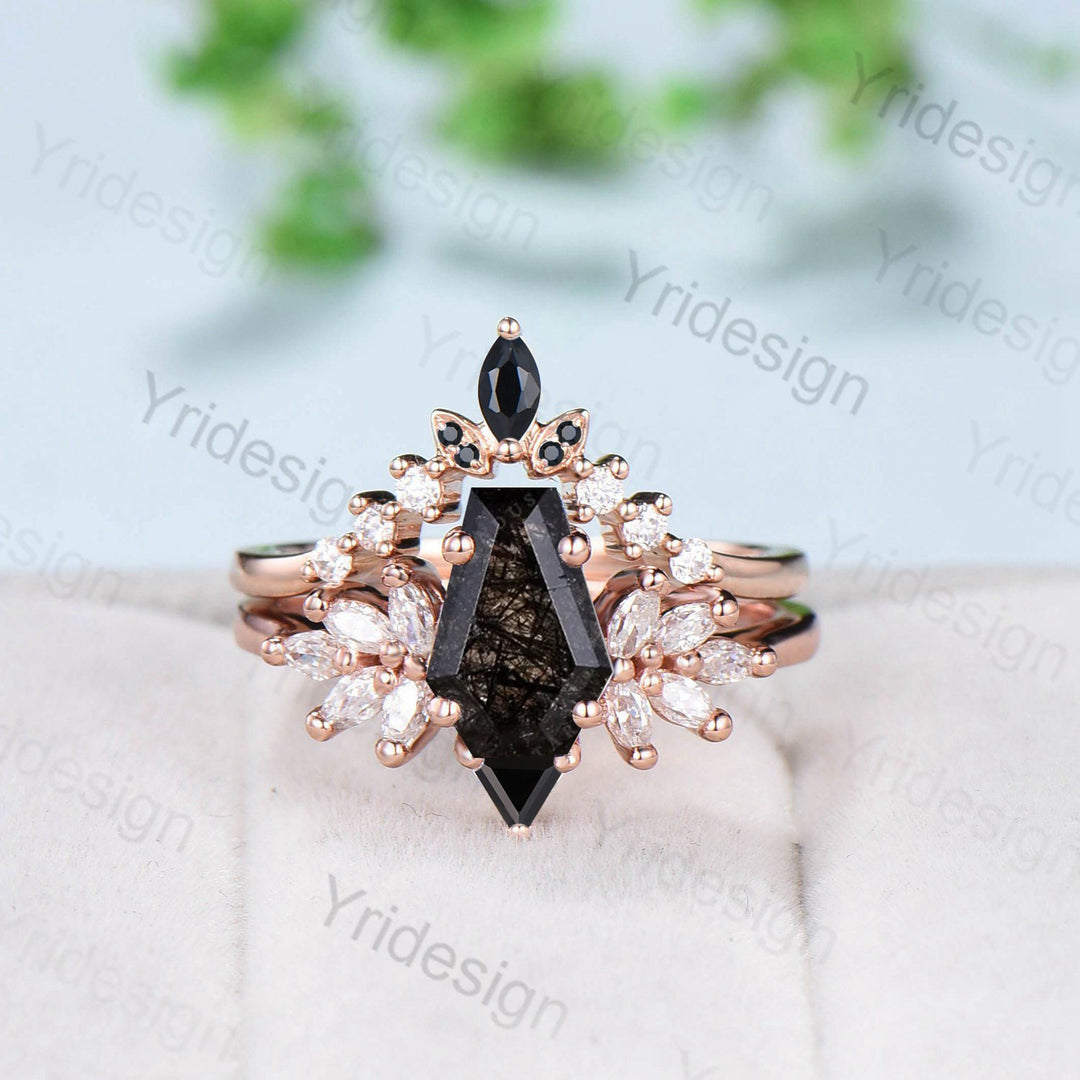 Unique Coffin Cut Black Rutilated Engagement Ring Set Art Deco Marquise Black Quartz Wedding Ring Moissanite Bridal Ring Birthday Gift Women - PENFINE