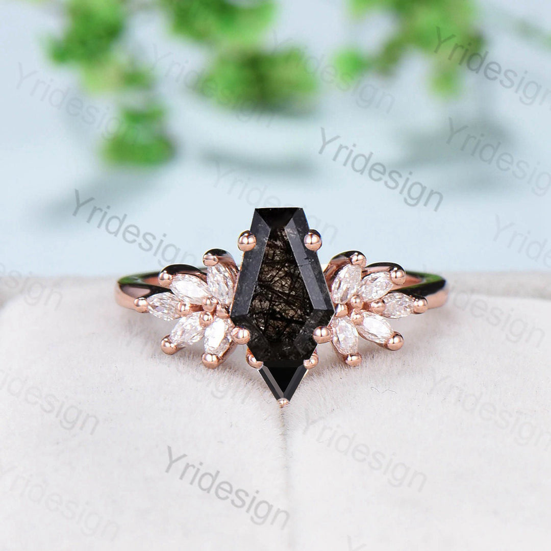 Unique Coffin Cut Black Rutilated Engagement Ring Set Art Deco Marquise Black Quartz Wedding Ring Moissanite Bridal Ring Birthday Gift Women - PENFINE