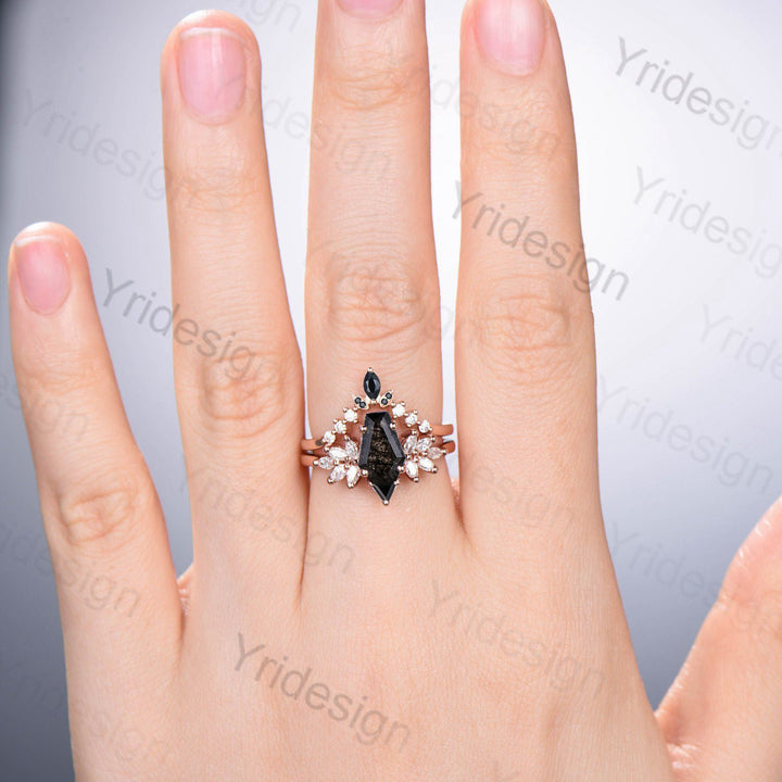 Unique Coffin Cut Black Rutilated Engagement Ring Set Art Deco Marquise Black Quartz Wedding Ring Moissanite Bridal Ring Birthday Gift Women - PENFINE