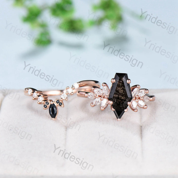 Unique Coffin Cut Black Rutilated Engagement Ring Set Art Deco Marquise Black Quartz Wedding Ring Moissanite Bridal Ring Birthday Gift Women - PENFINE