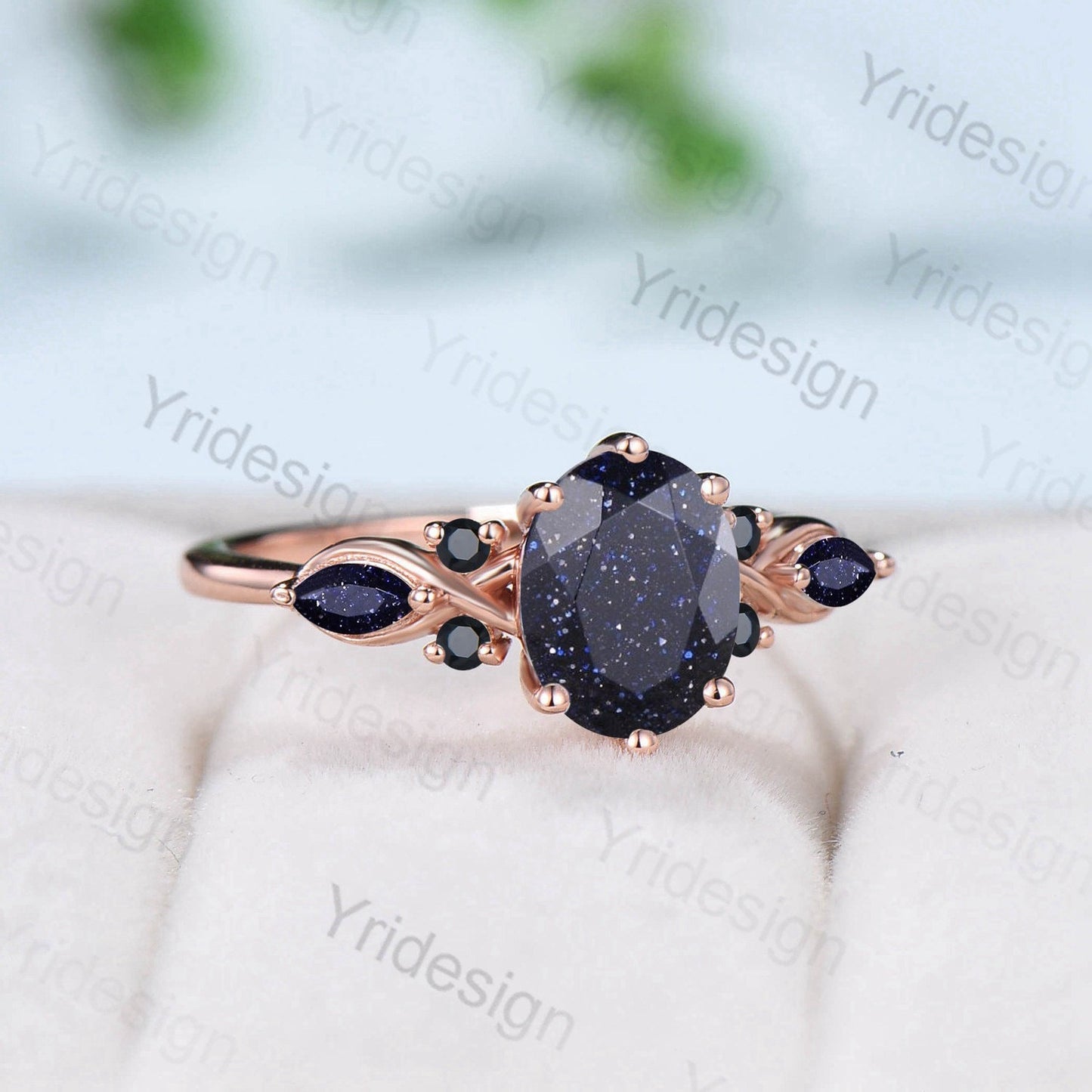 Vintage blue sandstone engagement ring rose gold twisted unique 1.5CT black crystal oval wedding ring art deco anniversary ring for women - PENFINE