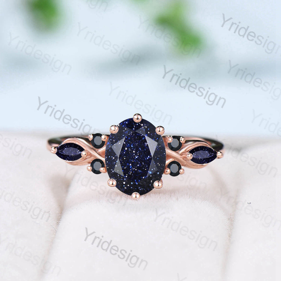 Vintage blue sandstone engagement ring rose gold twisted unique 1.5CT black crystal oval wedding ring art deco anniversary ring for women - PENFINE