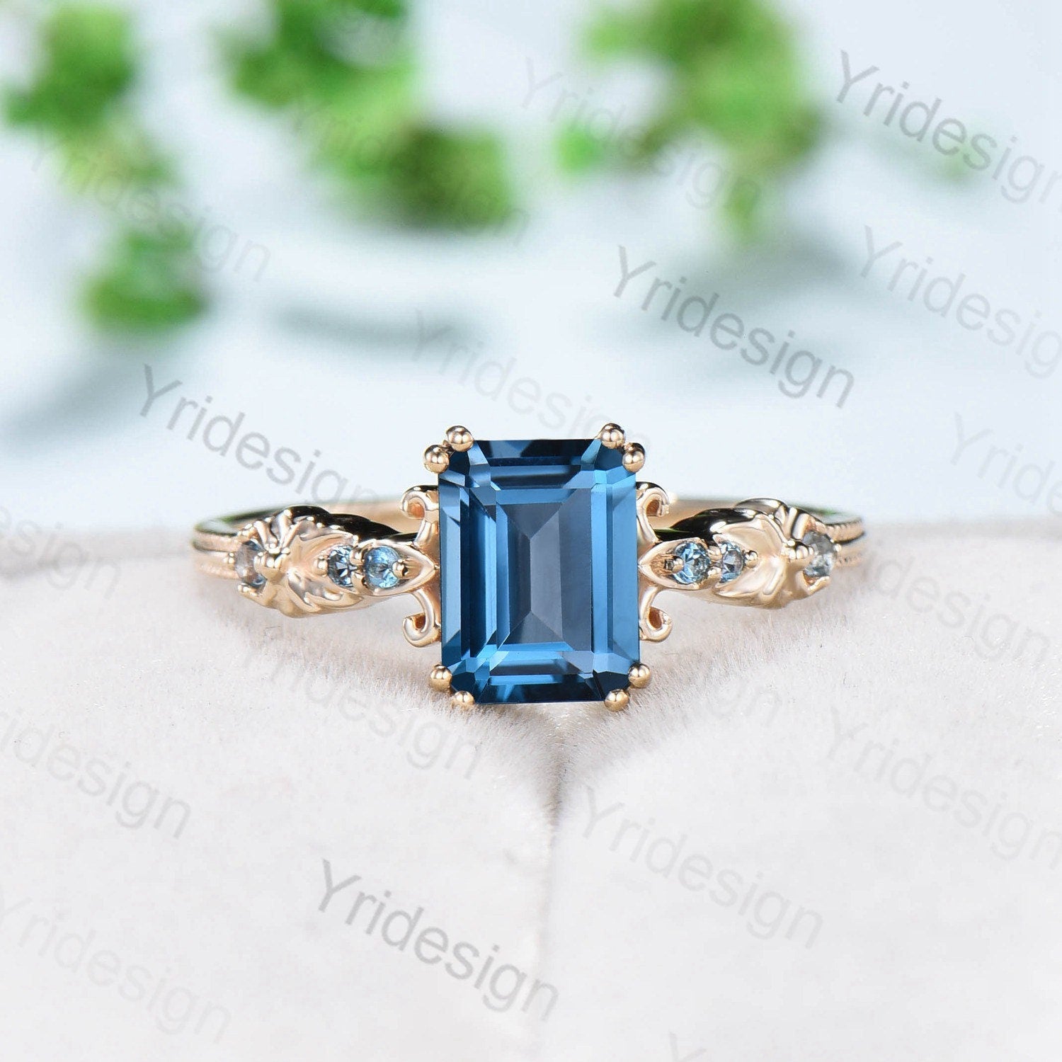 14K Solid Rose Gold Emerald Cut London Blue Topaz Celtic Ring Celtic Engagement high quality Ring Blue Topaz Promise Wedding Ring