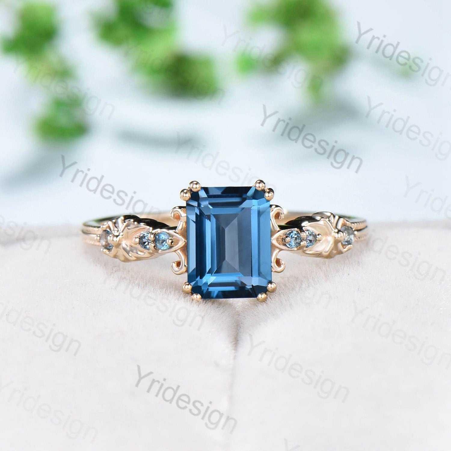 Retro Emerald Cut London Blue Topaz Ring Vintage Topaz Celtic Engagement Ring unique 8 prongs wedding Band Ring For Women Anniversary Gift - PENFINE