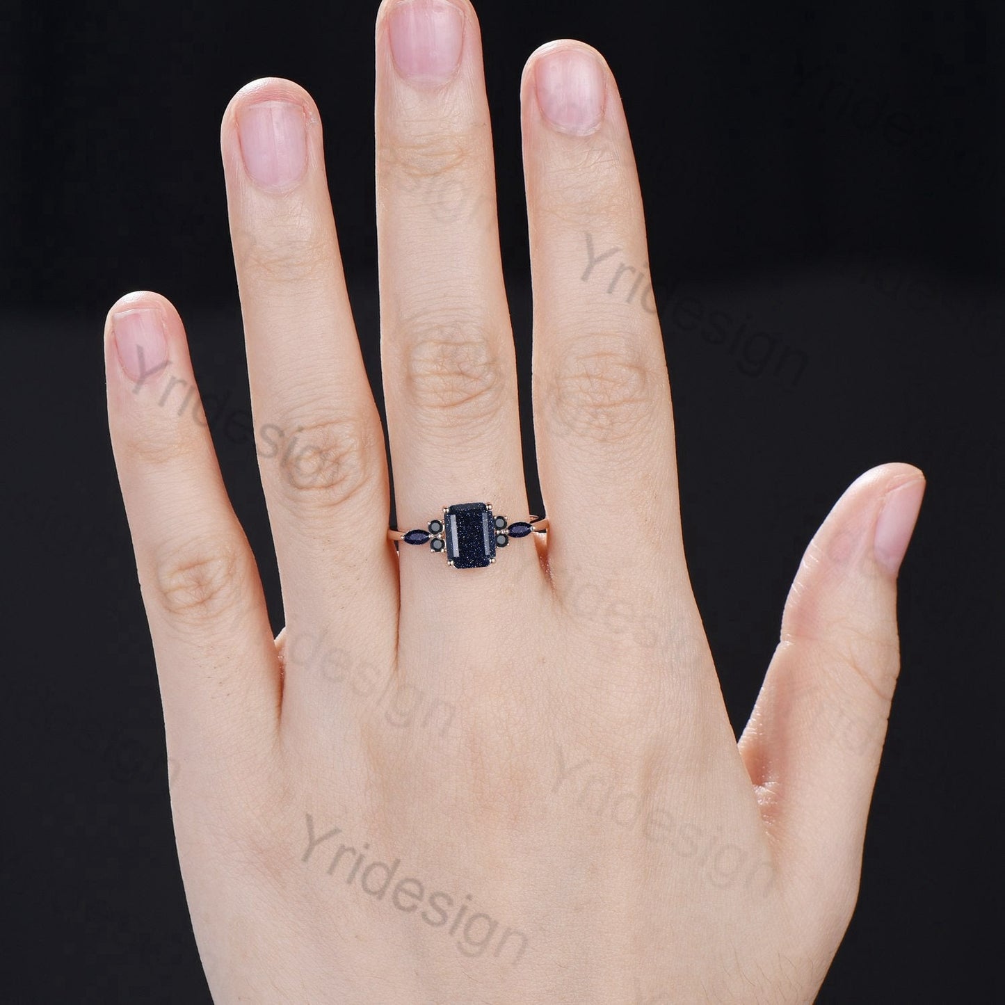2ct Emerald Cut Blue Sandstone Cluster Engagement Rings Galaxy Starry Sky Ring Black Gemstone Ring Unique Handmade Proposal Gifts for Women - PENFINE