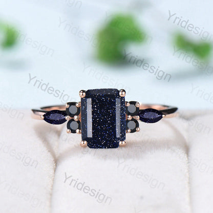 2ct Emerald Cut Blue Sandstone Cluster Engagement Rings Galaxy Starry Sky Ring Black Gemstone Ring Unique Handmade Proposal Gifts for Women - PENFINE