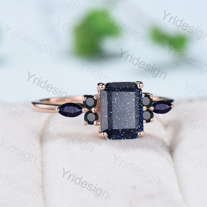 2ct Emerald Cut Blue Sandstone Cluster Engagement Rings Galaxy Starry Sky Ring Black Gemstone Ring Unique Handmade Proposal Gifts for Women - PENFINE