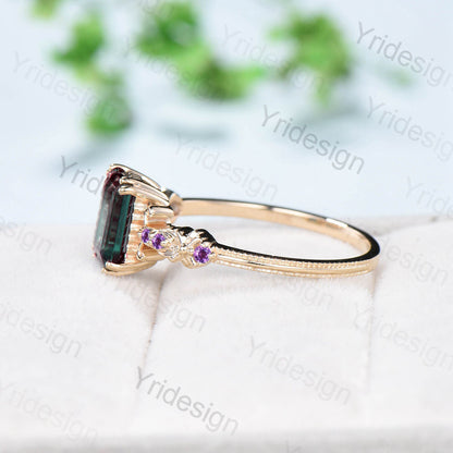 Retro Emerald Cut Alexandrite Engagement Ring Vintage Amethyst Celtic Wedding Ring unique 8 prongs stacking Band Ring Women Anniversary Gift - PENFINE
