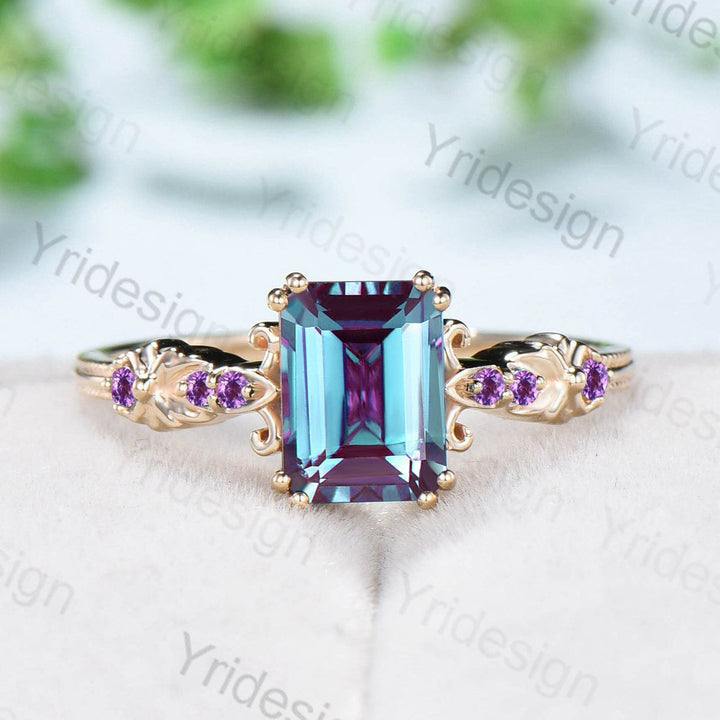 Retro Emerald Cut Alexandrite Engagement Ring Vintage Amethyst Celtic Wedding Ring unique 8 prongs stacking Band Ring Women Anniversary Gift - PENFINE