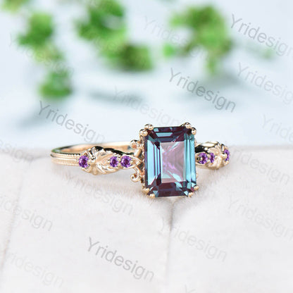Retro Emerald Cut Alexandrite Engagement Ring Vintage Amethyst Celtic Wedding Ring unique 8 prongs stacking Band Ring Women Anniversary Gift - PENFINE