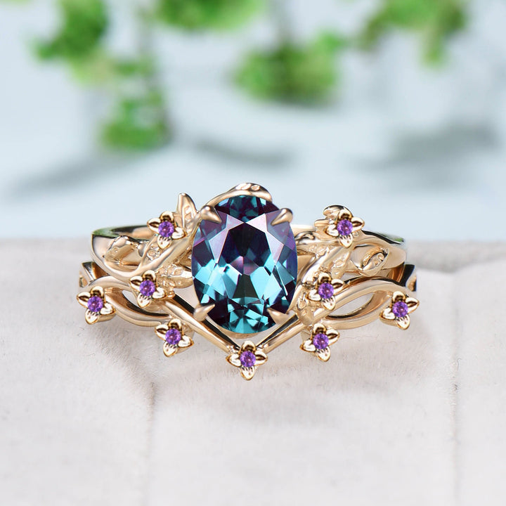 Nature Inspired purple flower alexandrite ring set cluster amethyst twig branch color change engagement ring women unique wedding ring set - PENFINE