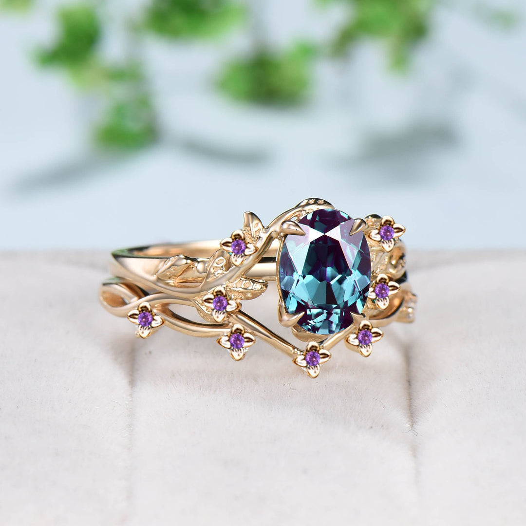 Nature Inspired purple flower alexandrite ring set cluster amethyst twig branch color change engagement ring women unique wedding ring set - PENFINE