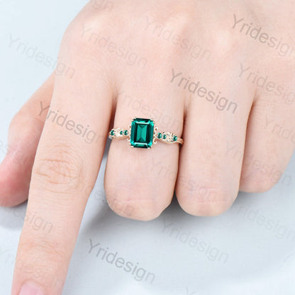 Vintage Emerald Cut Emerald Engagement Ring Celtic Green Crystal Wedding Ring unique 8 prongs stacking Band Ring Women Anniversary Gift - PENFINE