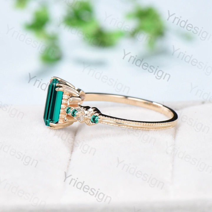 Vintage Emerald Cut Emerald Engagement Ring Celtic Green Crystal Wedding Ring unique 8 prongs stacking Band Ring Women Anniversary Gift - PENFINE