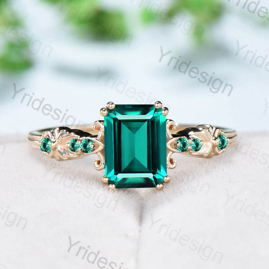 Vintage Emerald Cut Emerald Engagement Ring Celtic Green Crystal Wedding Ring unique 8 prongs stacking Band Ring Women Anniversary Gift - PENFINE