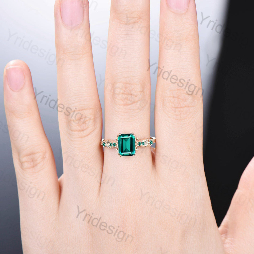 Vintage Emerald Cut Emerald Engagement Ring Celtic Green Crystal Wedding Ring unique 8 prongs stacking Band Ring Women Anniversary Gift - PENFINE