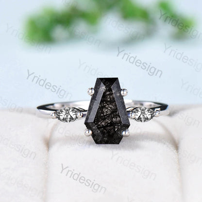 Minimalist Coffin Shaped Black Rutilated Quartz Ring Dainty Marquise Black Tourmaline Shield Three Stone Wedding Ring Proposal Gifts Women - PENFINE