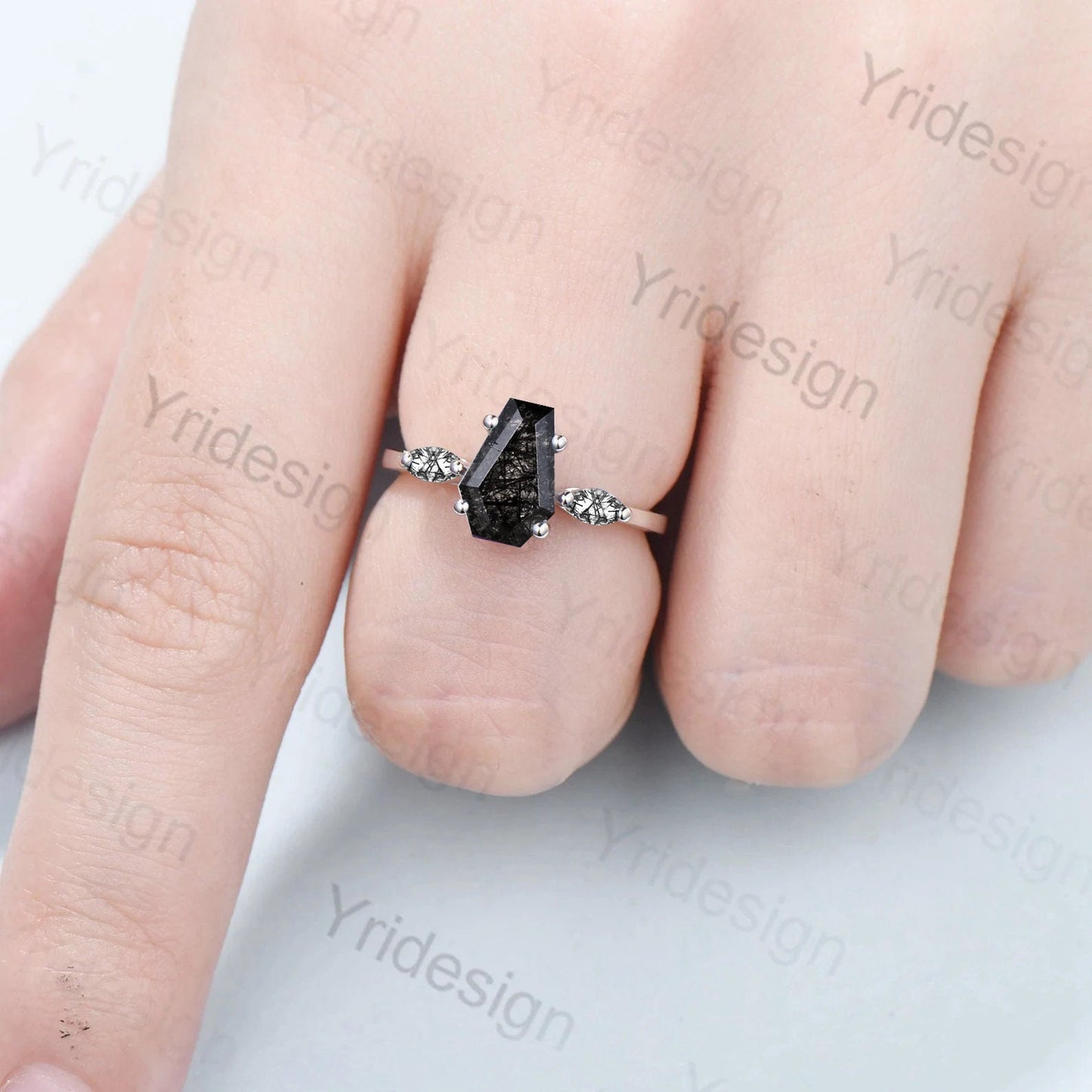 Minimalist Coffin Shaped Black Rutilated Quartz Ring Dainty Marquise Black Tourmaline Shield Three Stone Wedding Ring Proposal Gifts Women - PENFINE