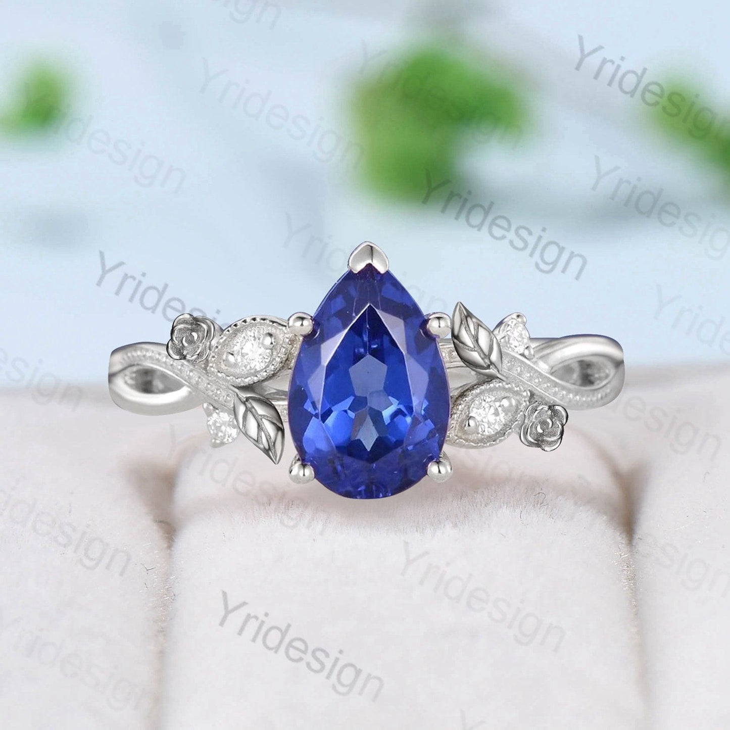 Nature Inspired Sapphire Engagement Ring Vintage Flower Leaves Twig Wedding Ring Rose Gold Unique Art Deco Branch Promise Ring for Women - PENFINE