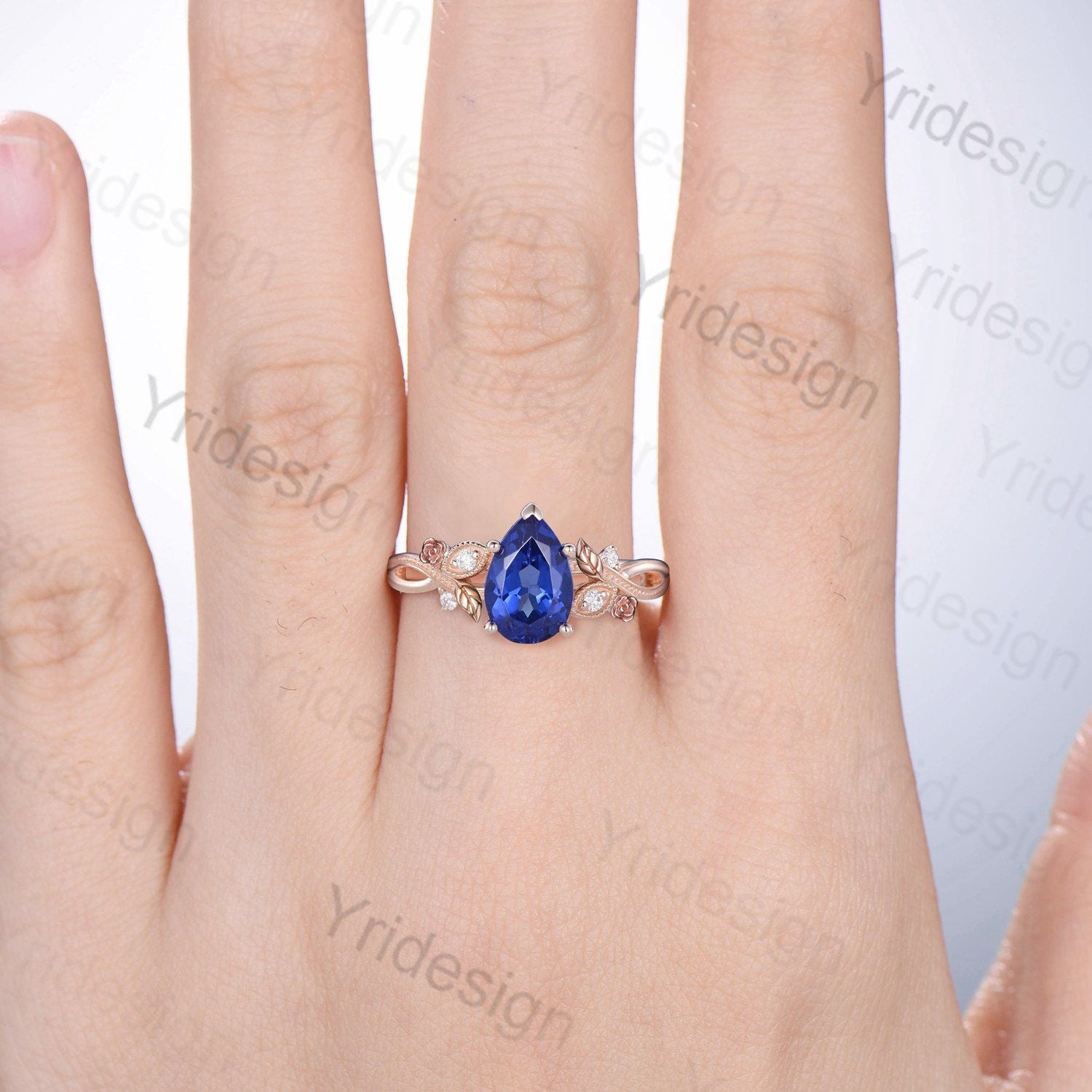 Nature Inspired Sapphire Engagement Ring Vintage Flower Leaves Twig Wedding Ring Rose Gold Unique Art Deco Branch Promise Ring for Women - PENFINE