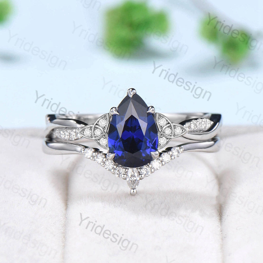 Vintage Sapphire Engagement Ring Floral Bridal Set Norse Viking pear wedding ring set Unique twisted infinity platinum wedding set for women - PENFINE