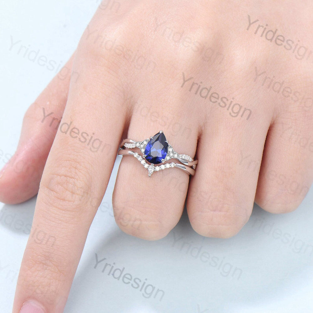 Vintage Sapphire Engagement Ring Floral Bridal Set Norse Viking pear wedding ring set Unique twisted infinity platinum wedding set for women - PENFINE