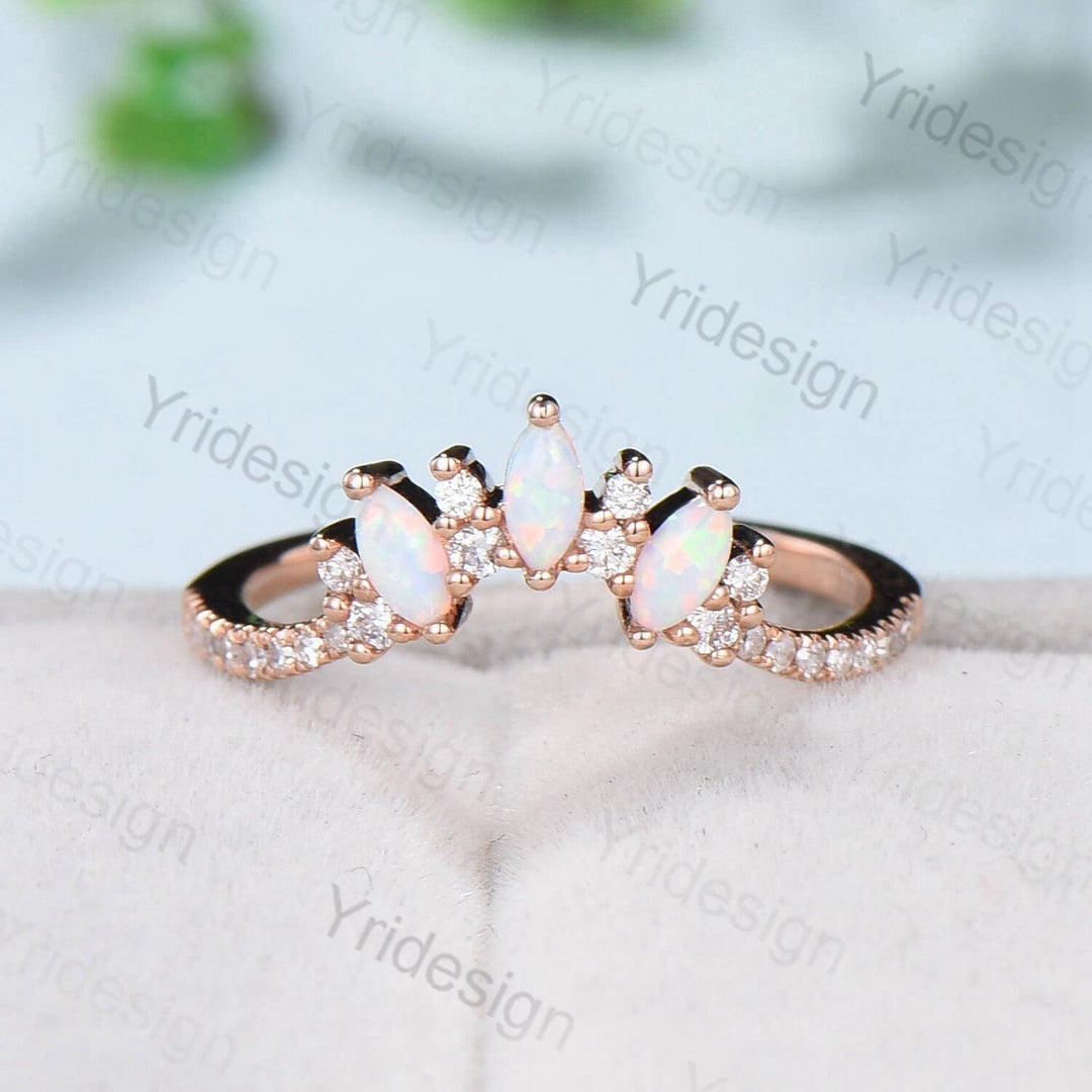 Opal Wedding Band Women Rose Gold Vintage Marquise White Opal Wedding Ring  Unique Curved V Matching Band Stacking Bridal Promise gift - PENFINE