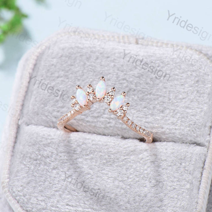 Opal Wedding Band Women Rose Gold Vintage Marquise White Opal Wedding Ring  Unique Curved V Matching Band Stacking Bridal Promise gift - PENFINE