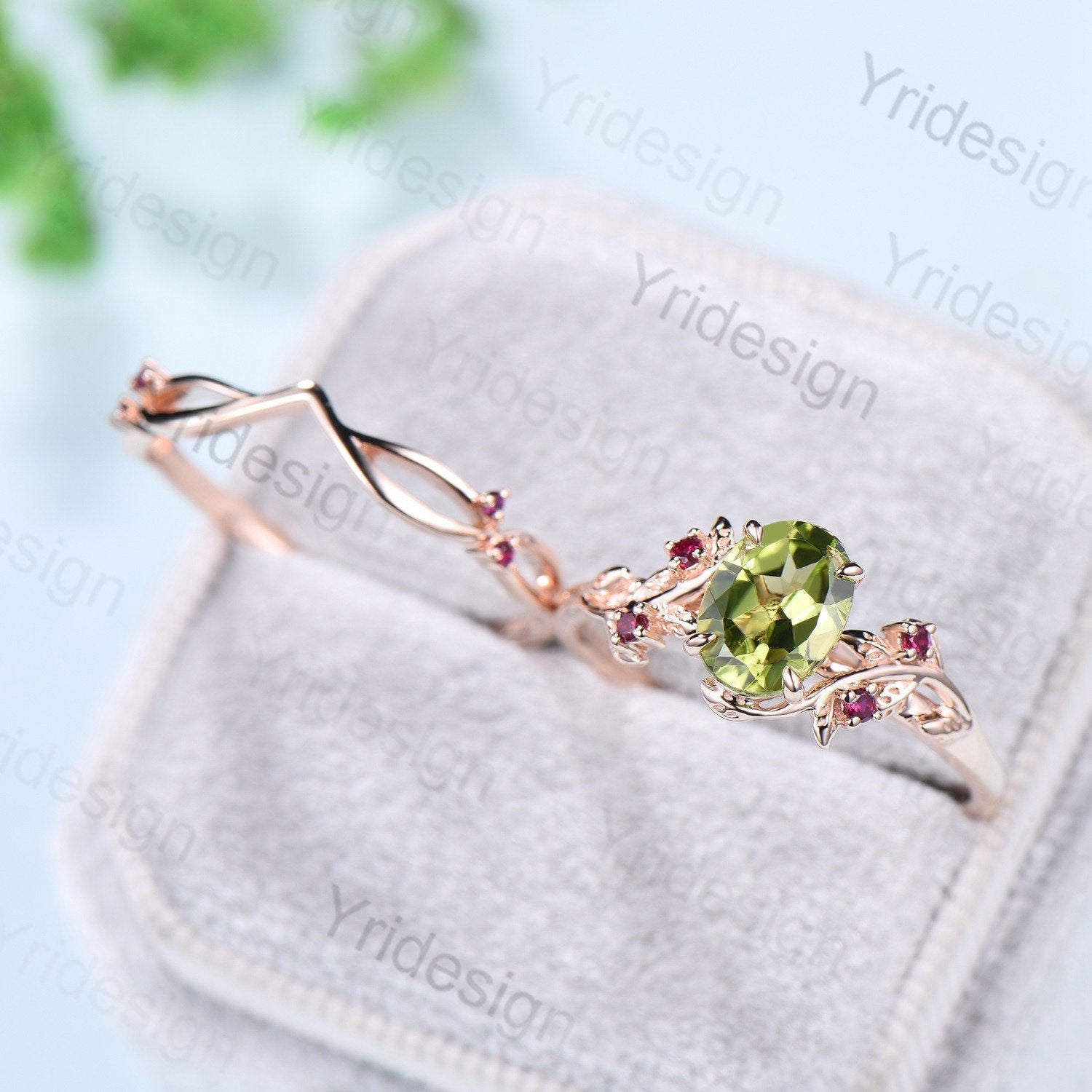 Vintage peridot and ruby wedding ring set Leaf twig engagement ring set Natural Inspired rose gold bridal set for women Branch promise ring - PENFINE