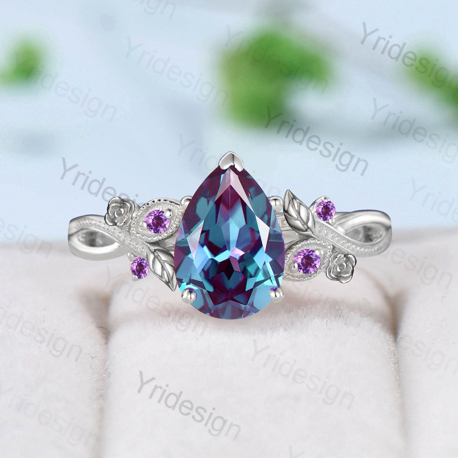 Nature Inspired Alexandrite Engagement Ring Vintage Flower Leaves Twig Amethyst Wedding Ring Unique Art Deco Branch Promise Ring for Women - PENFINE