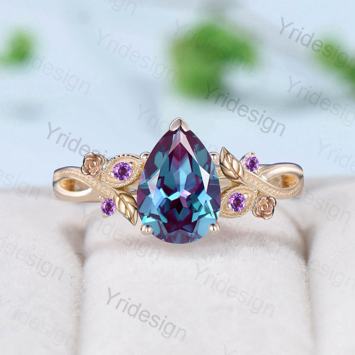 Nature Inspired Alexandrite Engagement Ring Vintage Flower Leaves Twig Amethyst Wedding Ring Unique Art Deco Branch Promise Ring for Women - PENFINE