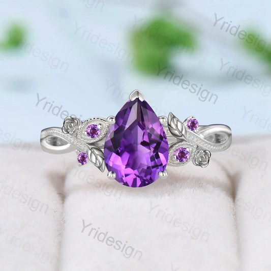 Nature Inspired Amethyst Engagement Ring Vintage Flower Leaves Twig Purple Crystal Wedding Ring Unique Art Deco Branch Promise Ring Women - PENFINE