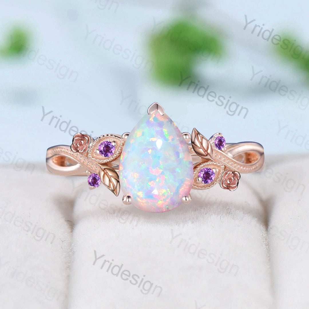 Nature Inspired White Opal Engagement Ring Vintage Flower Leaves Twig Purple Amethyst Wedding Ring Unique Art Deco Branch Promise Ring Women - PENFINE