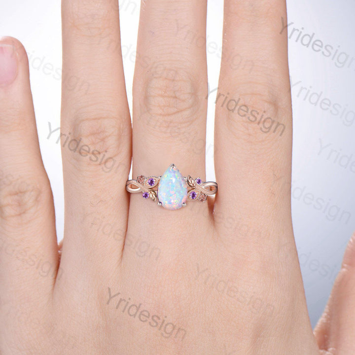 Nature Inspired White Opal Engagement Ring Vintage Flower Leaves Twig Purple Amethyst Wedding Ring Unique Art Deco Branch Promise Ring Women - PENFINE