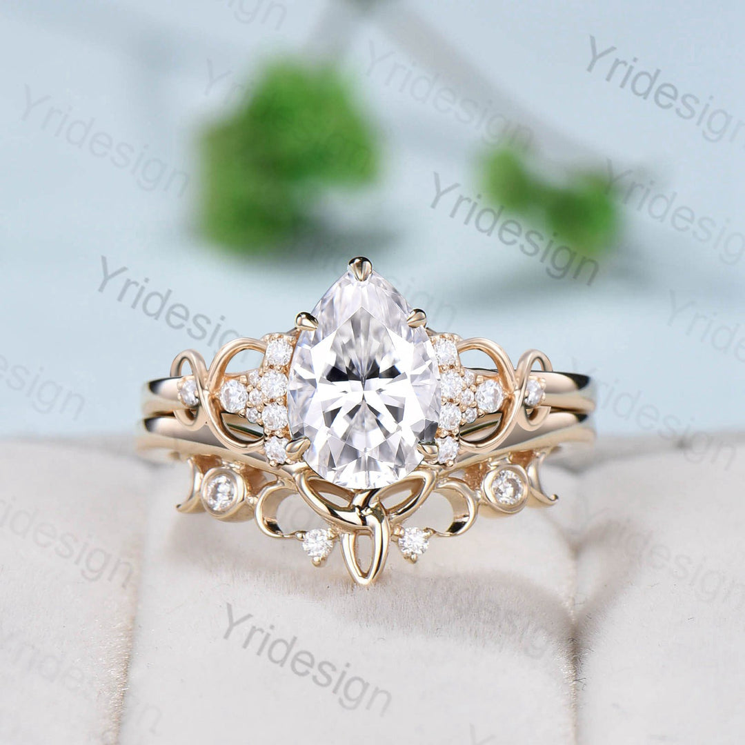 Celtic Love moissanite engagement ring set pear shaped VS-D moissanite wedding ring set Norse Viking Cluster diamonds Knot bridal ring set - PENFINE