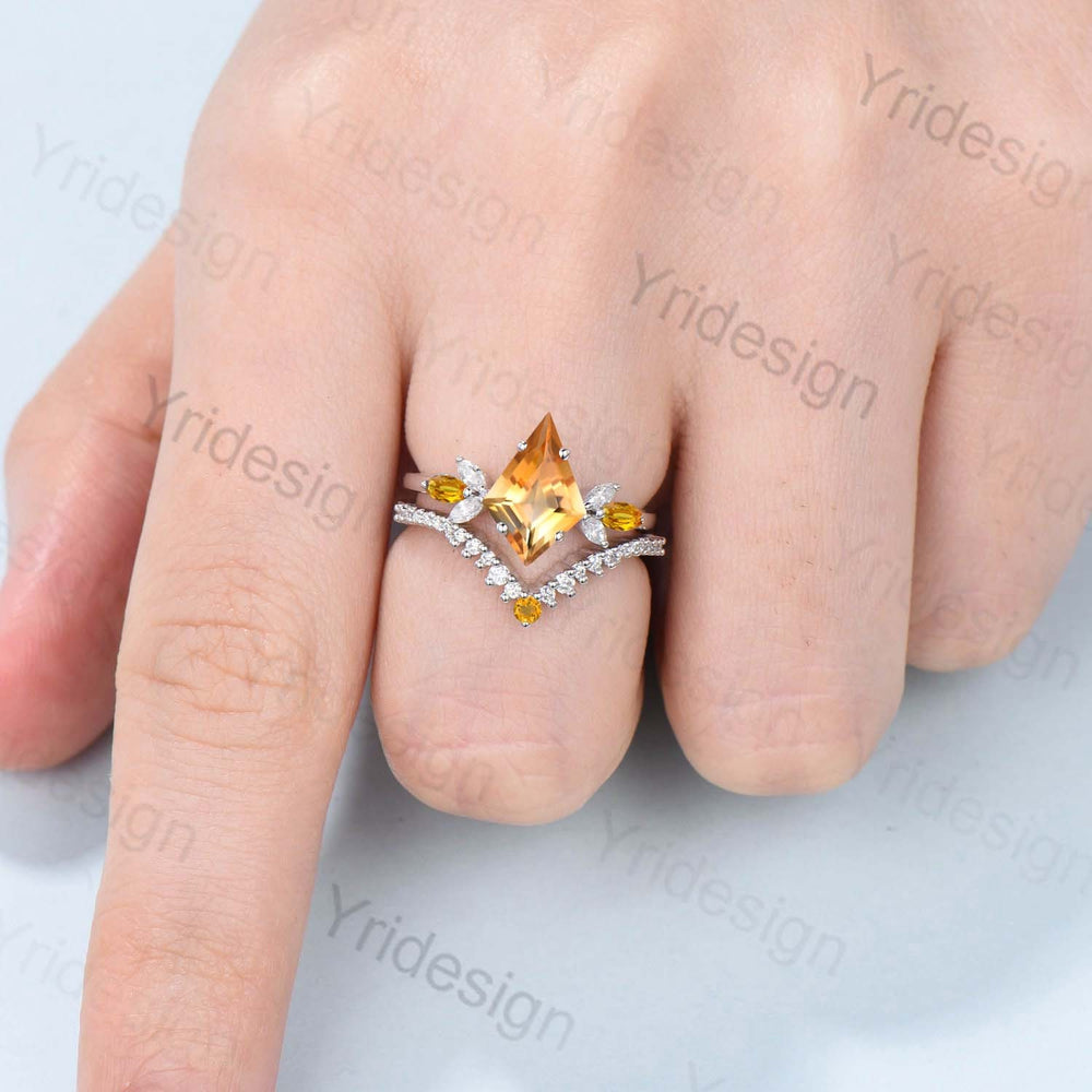 Vintage kite cut citrine engagement ring set rose gold Unique 7 stone marquise citrine wedding ring set for women moissanite bridal ring set - PENFINE