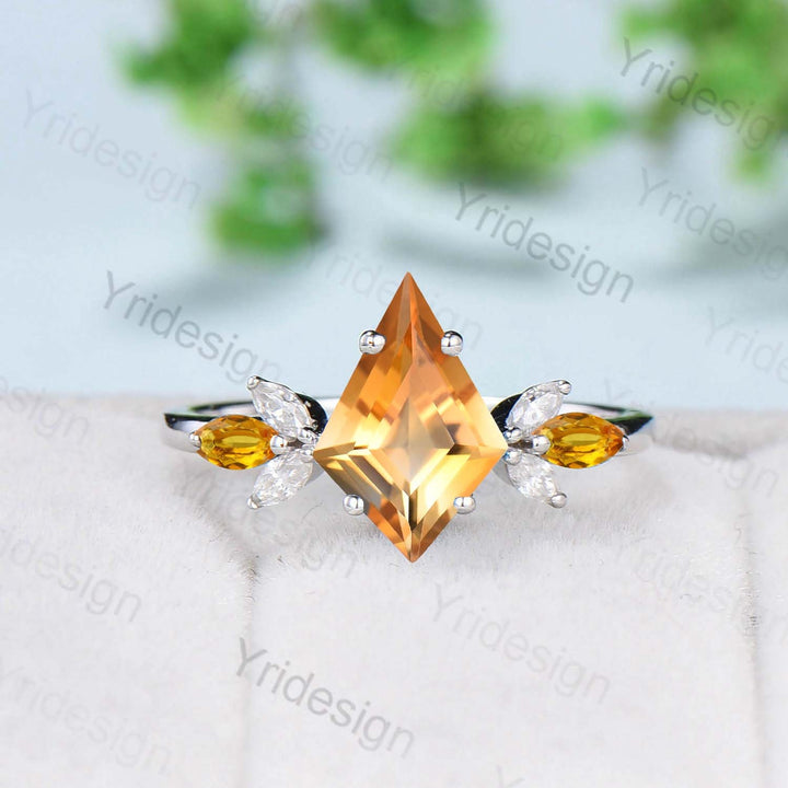 Vintage kite cut citrine engagement ring set rose gold Unique 7 stone marquise citrine wedding ring set for women moissanite bridal ring set - PENFINE