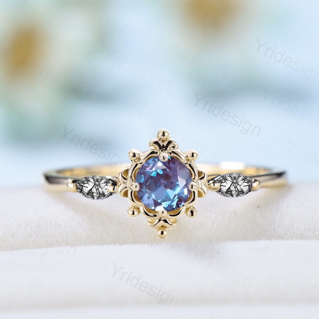 Floral Alexandrite Engagement Ring Nature Inspired Vintage Color Change 3 Stone Cluster Black Rutilated Quartz Wedding Ring Anniversary gift - PENFINE