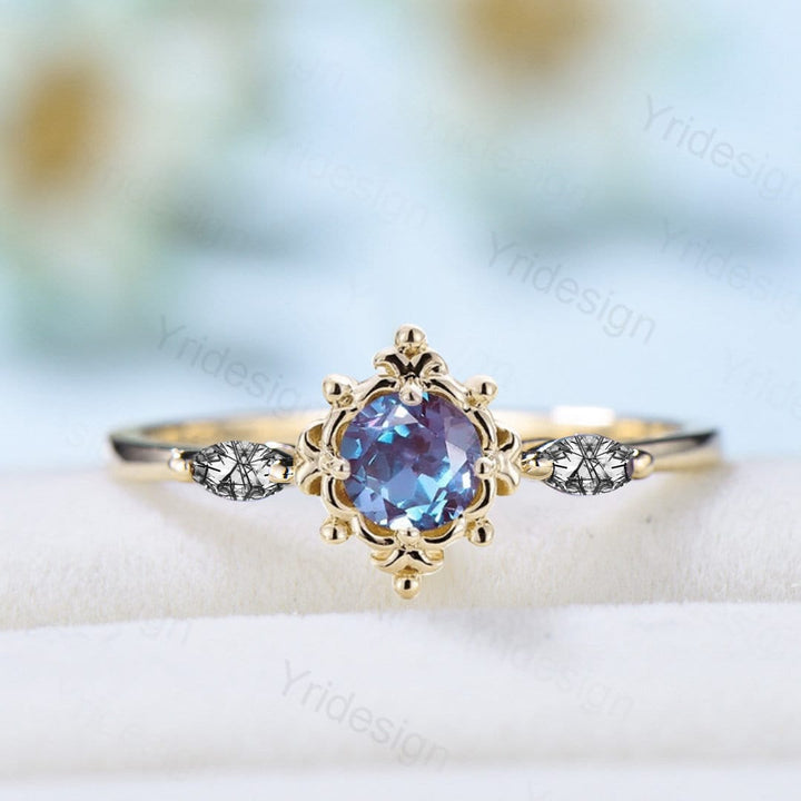 Floral Alexandrite Engagement Ring Nature Inspired Vintage Color Change 3 Stone Cluster Black Rutilated Quartz Wedding Ring Anniversary gift - PENFINE