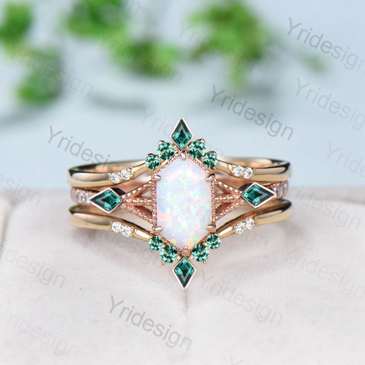 vintage 5X9mm long hexagon white opal ring set fire opal emerald engagement ring set kite wedding ring set double curved v stacking ring set - PENFINE