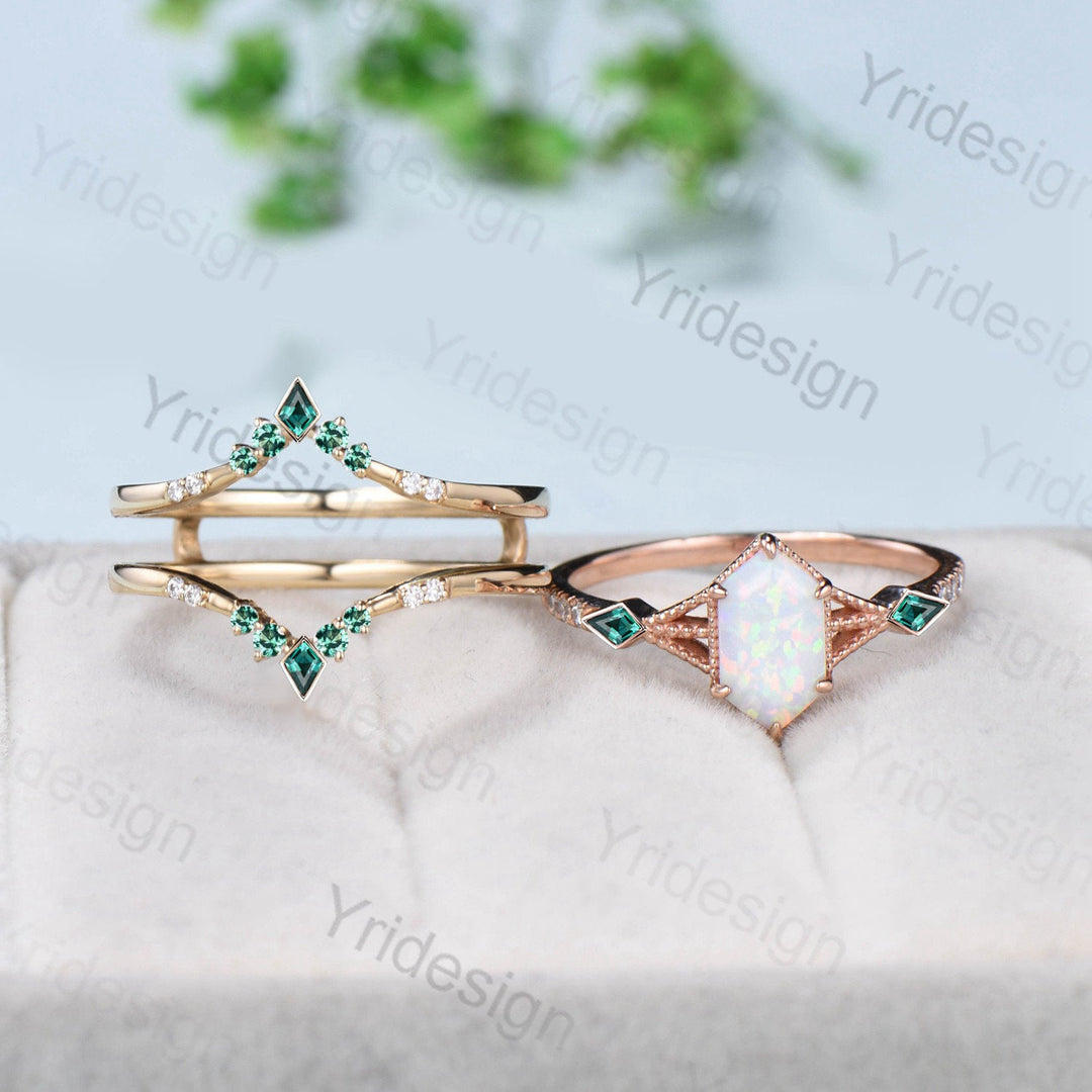 vintage 5X9mm long hexagon white opal ring set fire opal emerald engagement ring set kite wedding ring set double curved v stacking ring set - PENFINE