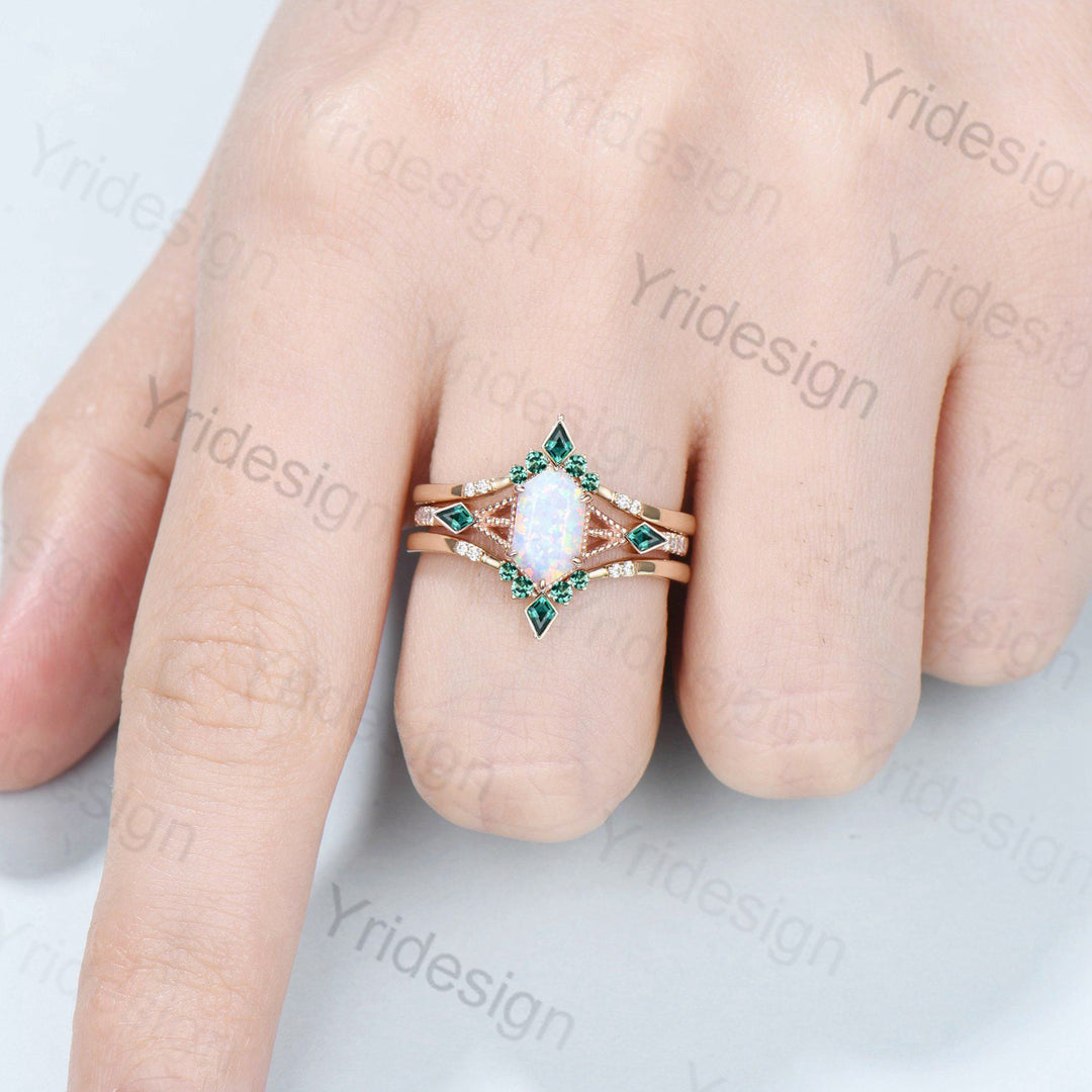 vintage 5X9mm long hexagon white opal ring set fire opal emerald engagement ring set kite wedding ring set double curved v stacking ring set - PENFINE