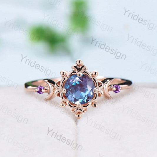 Magic Crescent Moon Floral Alexandrite Engagement Ring Nature Inspired Vintage Color Change Cluster Amethyst Wedding Ring Anniversary gift - PENFINE