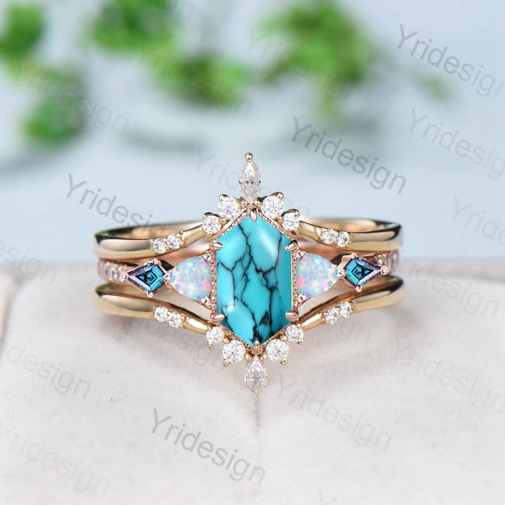 Vintage 5X9mm long hexagon turquoise engagement ring set unique triangle fire opal kite alexandrite wedding ring set double curved v band - PENFINE